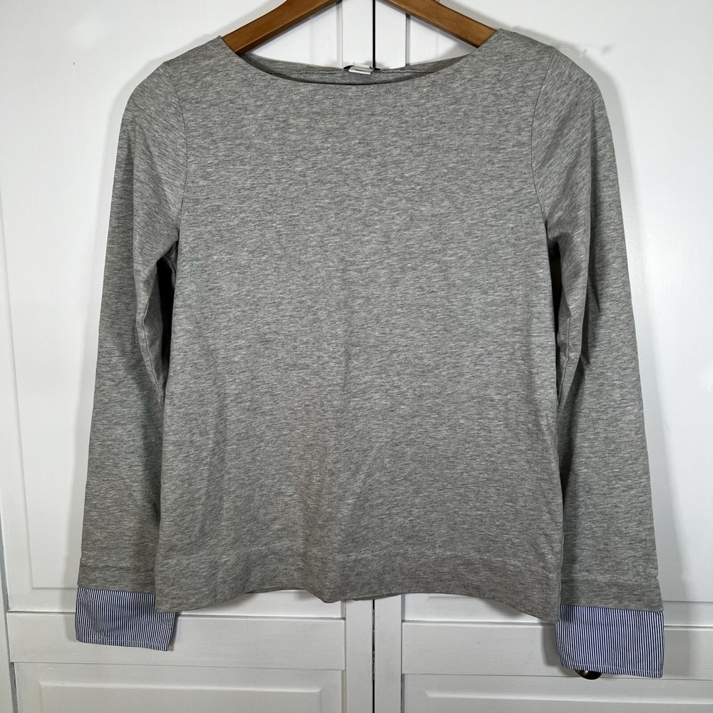 J. Crew Shirt Women's XS Boatneck Long Sleeve Gray Striped Cuffed‎ Sleeve Cotton